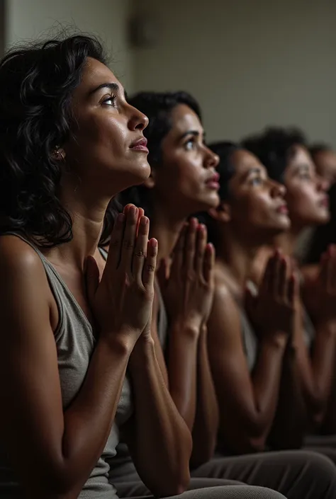 Women revival prayer meeting kneeling down and praying with grief

