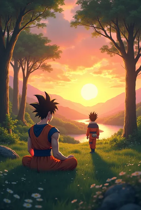 Goku sitting in the beautiful nature and sun was setting up and Naruto is coming with her