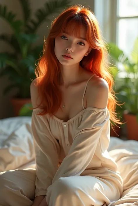 (photorealism:1.2), beautiful woman, sitting on bed, wearing loose off-shoulder top, pajama pants, red hair with full bangs, indoors, soft lighting, plants in background, window with sunlight, cozy room, relaxed, but sexy pose. Ultra realistic