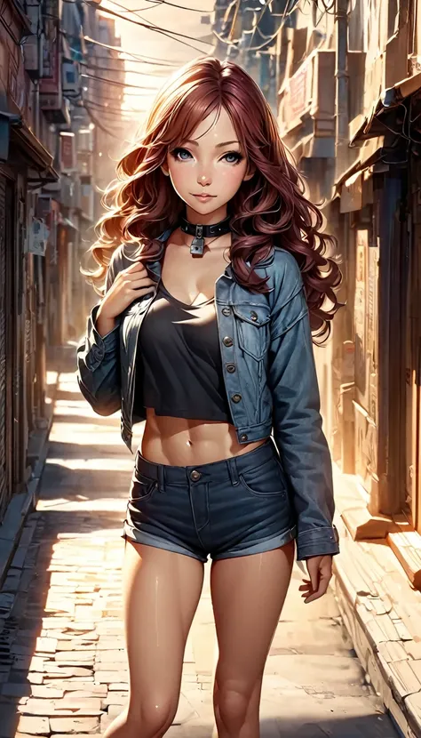 ((Mid-chest, Long Hair, Small Head)), Dawn, sunlight, (Defined Abs: 1.1), (Perfect body: 1.1), (Short Wavy Hair: 1.2), Auburn Hair, collar, Lock, Full body photo, Shabby Street, Wearing a black tank top, Denim jacket, ((Shorts)), (Highly detailed CG 8k wal...