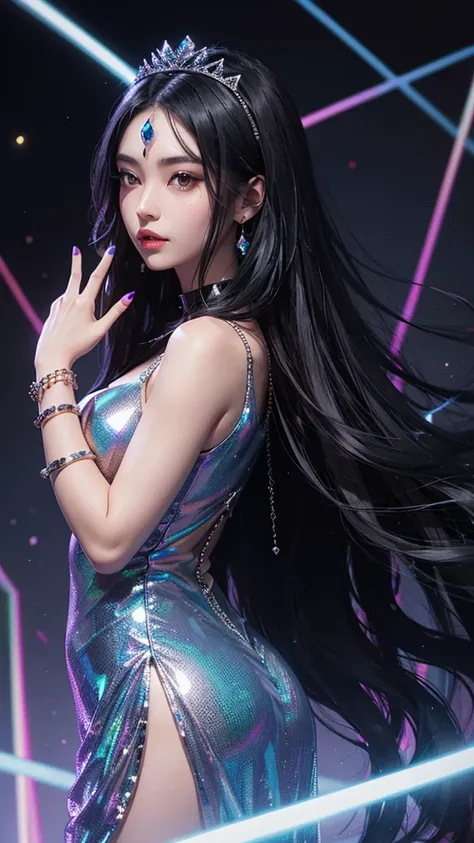 A young woman with long black hair wearing a holographic dress, holographic feeling, shiny, black and holographic scenery, jewelry, holographic bracelets, shiny tiara
