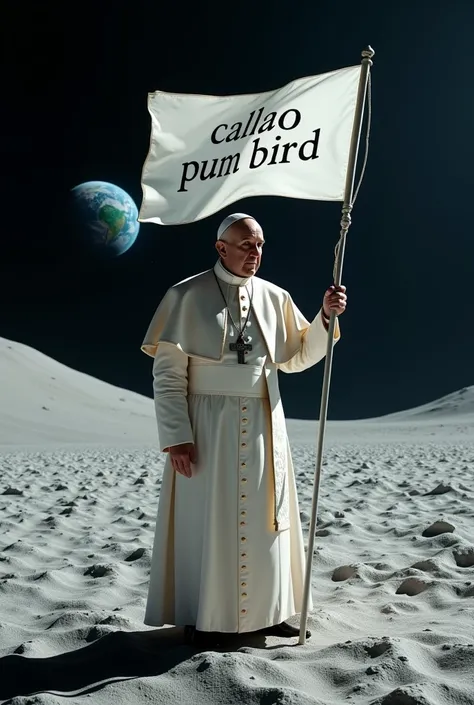 A realistic photo of Pope Francis, on the moon with a white flag that says: 
CALLAO PUM BIRD