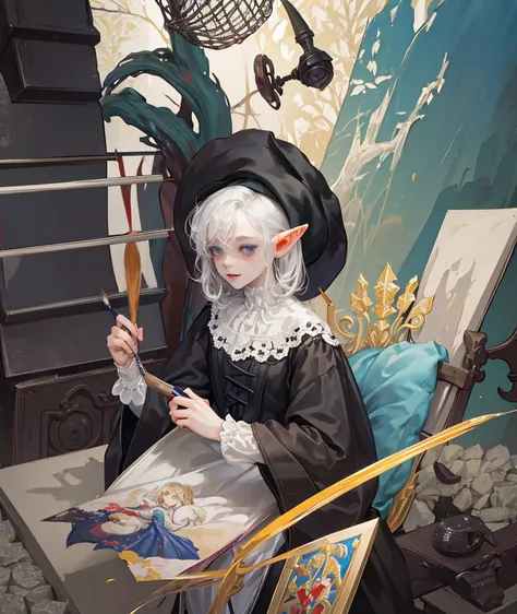 1boy, a Young Vampire-Elf, He is holding a paintbrush and palette, painting on a canvas,
((((Gothic Thema)))),
beautiful landscape on a canvas in his bright and airy studio.
wearing a beret, baby face, adult, smil body,