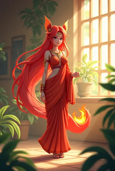 (2d animated:1.2), pyro archon murata, standing, wearing sari indian style, red flaming hair, outside, soft lighting, plants in background, window with sunlight, , relaxed pose, 2d animated, flat details, use style from genhin impact pyro archon model like...