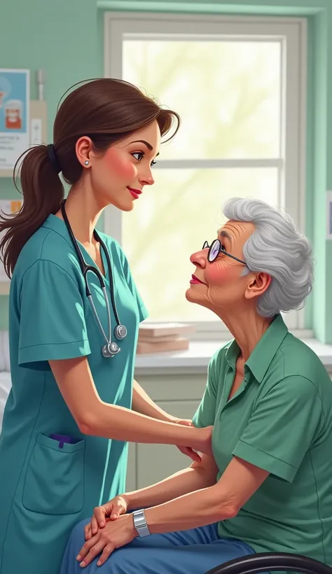 Female occupational therapist in blue or green medical uniform next to grandmother cartoon 