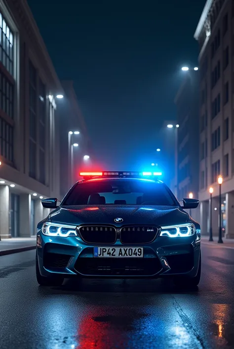 BMW m5 with police light at night infront of a building with number plate UP42AX0049
