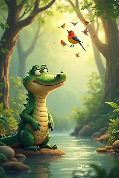 A cute young alligator who decided to ask for help singing with the birds 