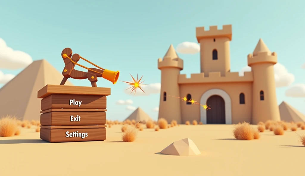 The user interface for the game is about a slingshot and the castles into which it throws projectiles. 3d shapes in low poly style. The buttons - Play, Exit, Settings - are in wooden colors with a metal frame.  A slingshot in the process of launching a pro...