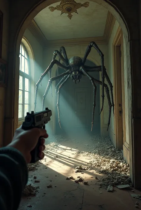 abandoned mansion, first person perspective with a pistol in hand, find giant spider monster 