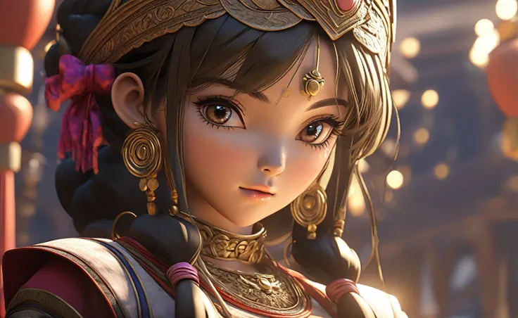 A woman named Mai Valentine, 2, Eyes gazing downward, Ancient times, 3D, Realistic anime character, Extremely detailed face and eyes, Beautifully dressed, Intricate details, Photorealistic, Cinematic lighting, Dramatic shadows