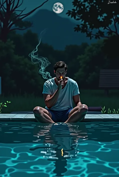 A man smoking in swimming pool at night 