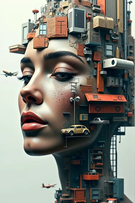 A face formed by elements of architecture, design, books, planes, Cars, health and computing