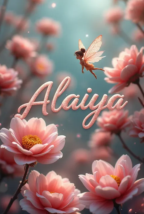 Create an image that has the name alaiya and in the background you should see photos of flowers or diamond fairies 