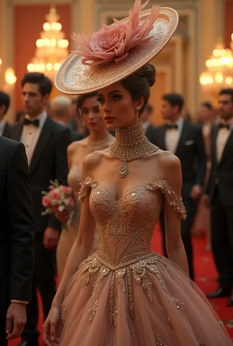 At the charity event, recreated in the style of photorealism, the hall is filled with a high society glamorous atmosphere. Elegant ladies in sumptuous outfits with plumes and diamonds glitter against the backdrop of an exquisite interior filled with flower...