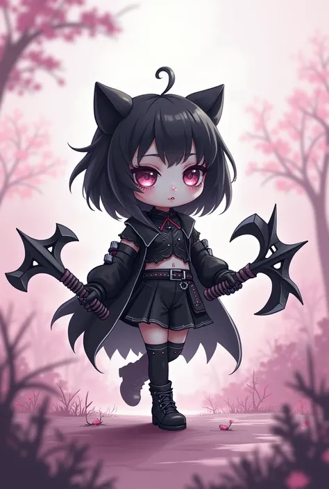 Black and White, Zombie warrior holding Gothicpunk weapons. anime pastel dream. kawaiitech pastel colors, moecore. chibicore. soft cute shoujo anime style.