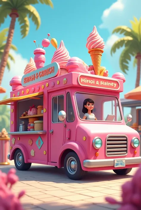 Create an image of an ice cream truck in pink tones with ice cream decoration, There is a woman serving a  with a giant ice cream
