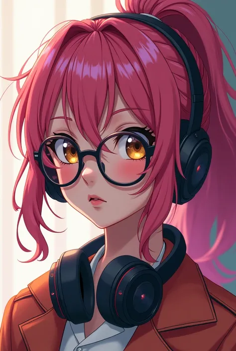 90s style anime, vintage classic anime aesthetic, long dark pink hair, ponytail, frizzy hair 90s anime style, 90s fashion, jacket, rose tinted glasses, yellow eyes, headphones
