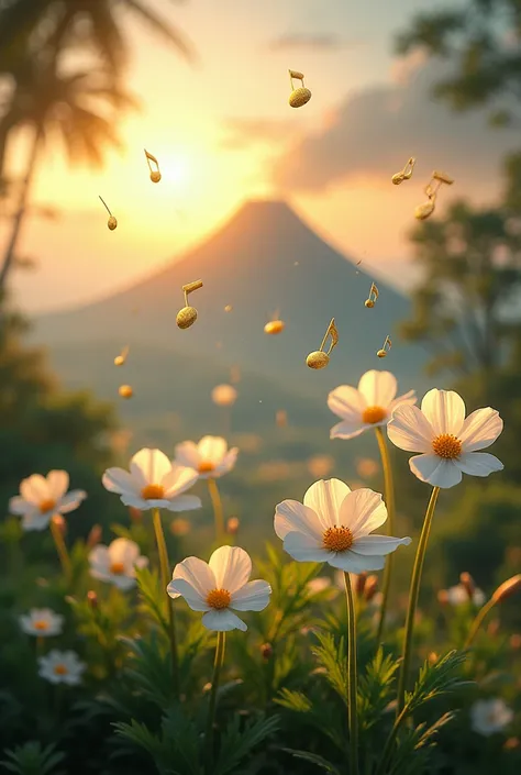 Design an advertising poster Central scene : A dormant volcano in the background, represented with soft and natural tones, wrapped in a warm sunset with orange and gold colors. The vegetation surrounding the volcano is composed of white floripondio flowers...