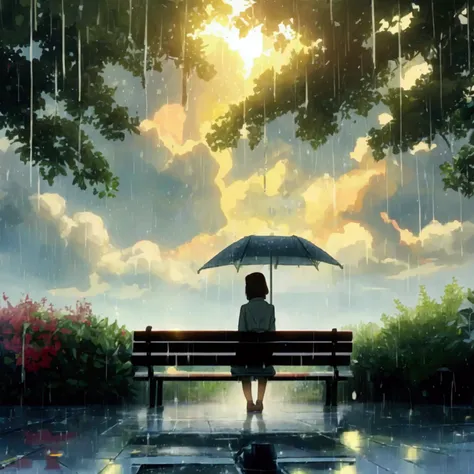 Illustrate a peaceful, rain-soaked garden, where a person is sitting quietly on a bench, looking up as the clouds part to reveal a radiant light breaking through. The light represents God hearing their cry and offering comfort.