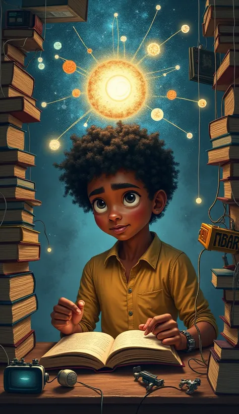 “A man between 20 and 2, dark-skinned, slum dweller, with short curly hair and a curious look, is surrounded by books, improvised technological tools and devices. He explores several areas of knowledge, from physics to music, in a small space full of creat...