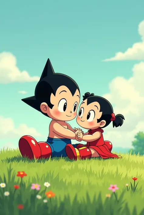 Astro boy sits on grass with his little sister Uran 