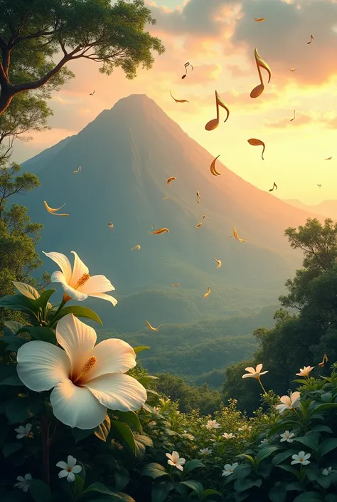 Design an advertising poster Central scene : A mountain in the background, represented with soft and natural tones, wrapped in a warm sunset with orange and gold colors. The vegetation surrounding the volcano is composed of white flowers of Brugmansia arbo...