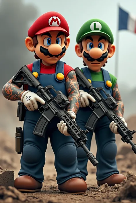 Mario Bros, tattooed, drapeau France, dressed as soldier with hk g36 on battlefield 