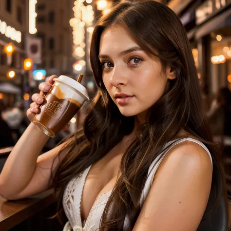 girl with long brown hair , black light eyes, with sexy look , hyper detailed photography , soft light, portrait, realist,  the city center, drinking a coffee