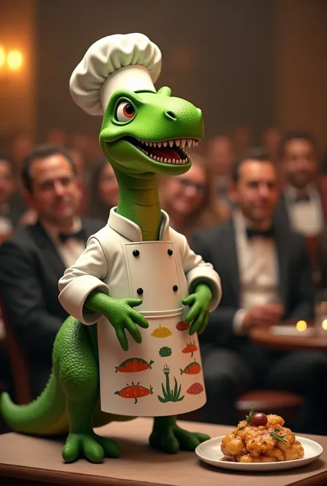 make a picture of a little green dinosaur dressed as a chef saying "Thank you for your attention, please applaud and don&#39;t ask questions, dear Spanish-speaking gourmets."