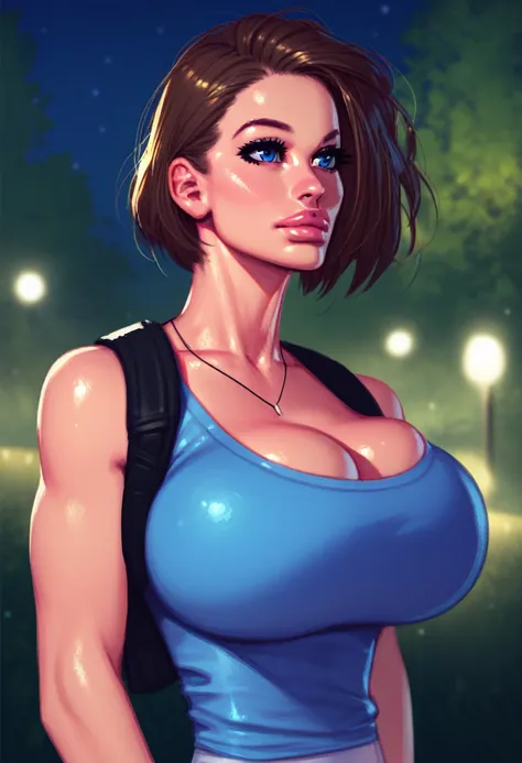 score_9, score_7_up, 1girl, solo, (jill valentine):0.8, portrait, looking to the side, large breasts, depth of field, night