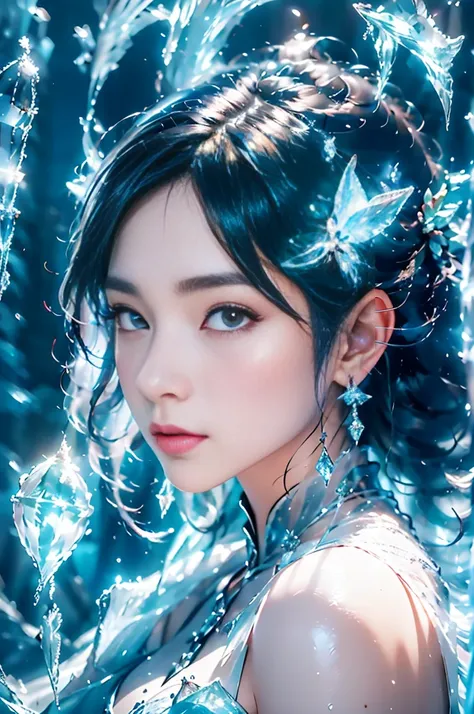 (((1 girl)))，dynamic poses，（Crystal dress：1.5），（magic circle：1.2），magic circle，blue concentric circles，ice crystals，concentric circles of frost，(((icicle)))，Ice mist，Ice particle effects，（Ice butterfly：1.2），Amazing results，,best quality,masterpiece,ultra h...