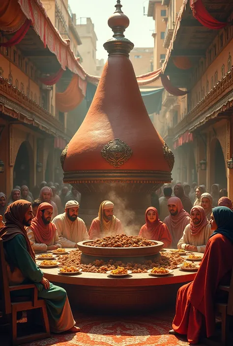 Men and women eating in a giant tagine with real meat