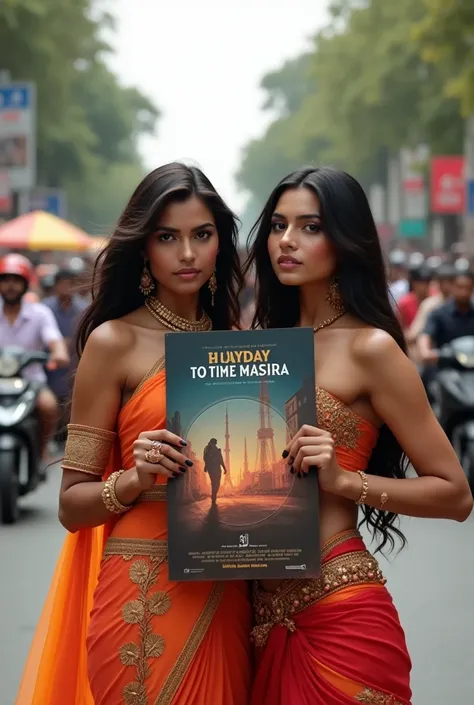 A 2 hot and beautiful Indian girl standing on road holding a poster with both hands raised