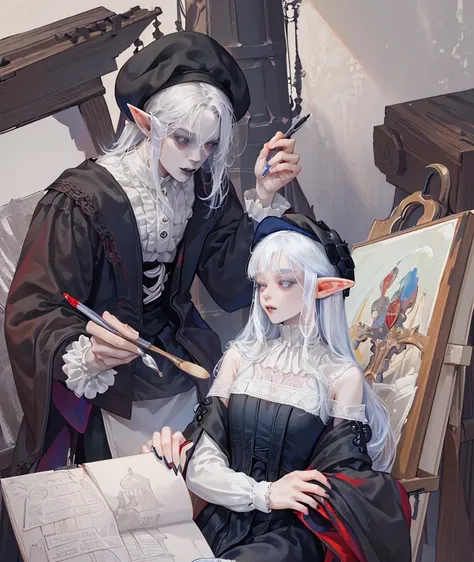 1 adult male, a Young Vampire-Elf, He is holding a paintbrush and palette, painting on a canvas,
((((Gothic Thema)))), pin heel,
beautiful landscape on a canvas in his bright and airy studio.
wearing a beret & complex clothing, baby face, slim muscle body,...