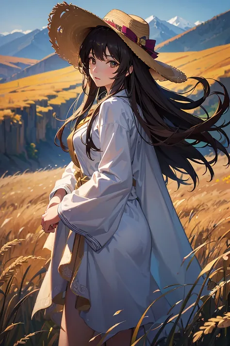 A beautiful young anime girl, long brown hair, wearing a cowboy hat, standing in a countryside landscape, golden wheat field, mountains in the background, warm sunlight, detailed facial features, delicate skin, light breeze blowing her hair, (best quality,...