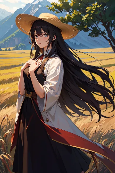 A beautiful young anime girl, long brown hair, wearing a cowboy hat, standing in a countryside landscape, golden wheat field, mountains in the background, warm sunlight, detailed facial features, delicate skin, light breeze blowing her hair, (best quality,...