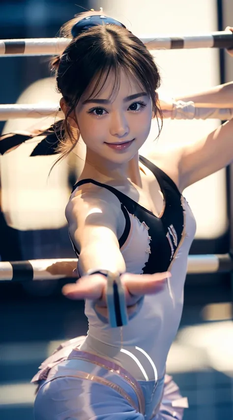 (Highest quality,masterpiece:1.3,Ultra-high resolution),(Very detailed,Caustics,8k),(Realistic:1.4,RAW shooting),1 person,(Look at the camera with a smile),20-year-old,cute,Japanese,Long blonde black hair, (Sportswear: 2.0), (ballet: 1.8), (street: 1.2), b...