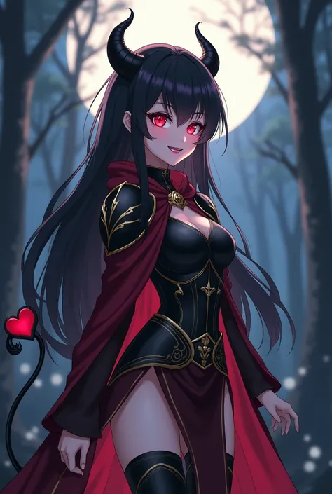  anime beautiful and cute girl, glowing red eyes, long black hair, tail with a heart shaped head, small black wings sticking out from the waist with gold on the shoulder of the wings. Black, red and gold armor with a red and white noble cloak. Standing in ...