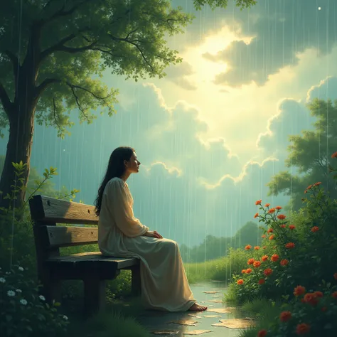 Illustrate a peaceful, rain-soaked garden, where a person is sitting quietly on a bench, looking up as the clouds part to reveal a radiant light breaking through. The light represents God hearing their cry and offering comfort.