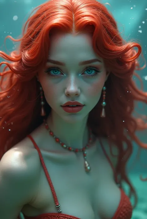 African woman, light skin. mermaid queen. Red scales. Red hair. Mesmerizing. Enchanting. Head above water. Body visible. Ultra high quality.