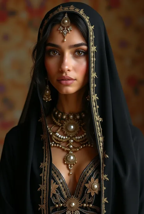 arafed woman in a black dress and a veil with a gold border, arab inspired, arabian beauty, arabian princess, wearing an elegant tribal outfit, arabian nights inspired, middle eastern skin, arab princess, wearing ornate clothing, ornate mask and fabrics, a...