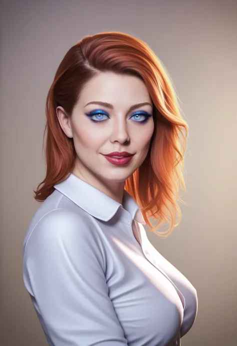 a young Caucasian redhead woman with light grey eyes, thin face, full lips, red lipstick, soft makeup, large breasts, medium length hair, seductive smile, wearing a transparent lgbt mini shirt, (best quality,4k,8k,highres,masterpiece:1.2),ultra-detailed,(r...