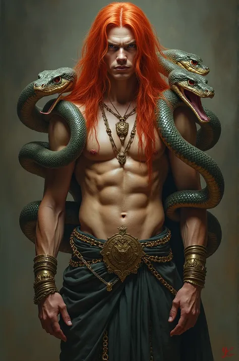 A half-snake demi-human with long red hair, a serious face, some gold objects on his body and he also has three snake heads coming out of his back like a god.
