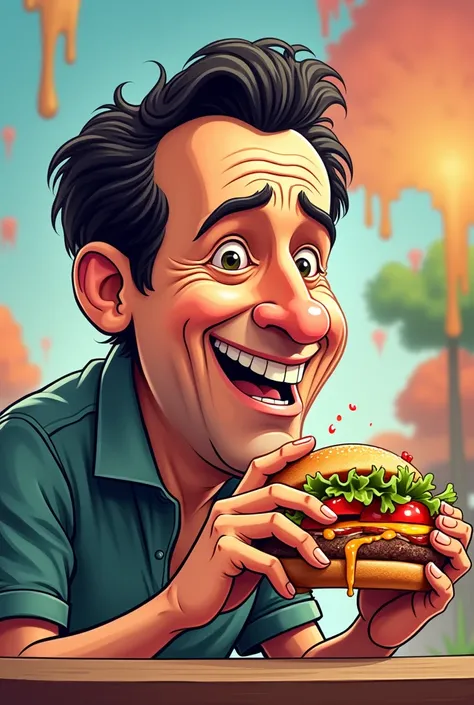 Cartoonish Adam Sandler eating a sandwich