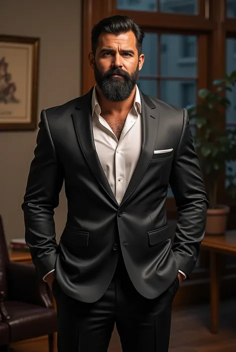 40 years old,daddy,"satin suit ",hd ,in the office,"big muscle", gay ,black hair, face,masculine,strong man,boss ,handsome,lecherous dad, ,dad is handsome, horny dad, very big bulge in satin suit trousers, musculer chest, big well maintained beard, moustac...