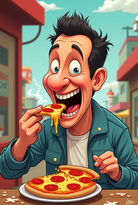 Cartoon Adam Sandler eating a pizza