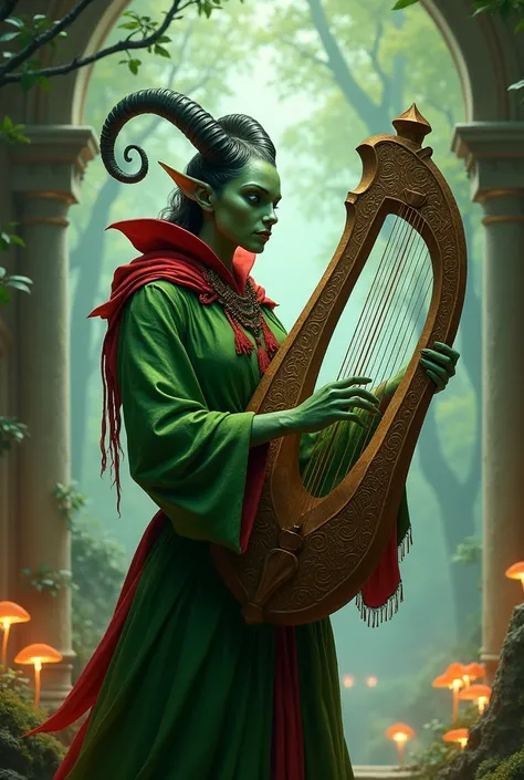 tiefling bardo, playing a lyre, green clothes with red