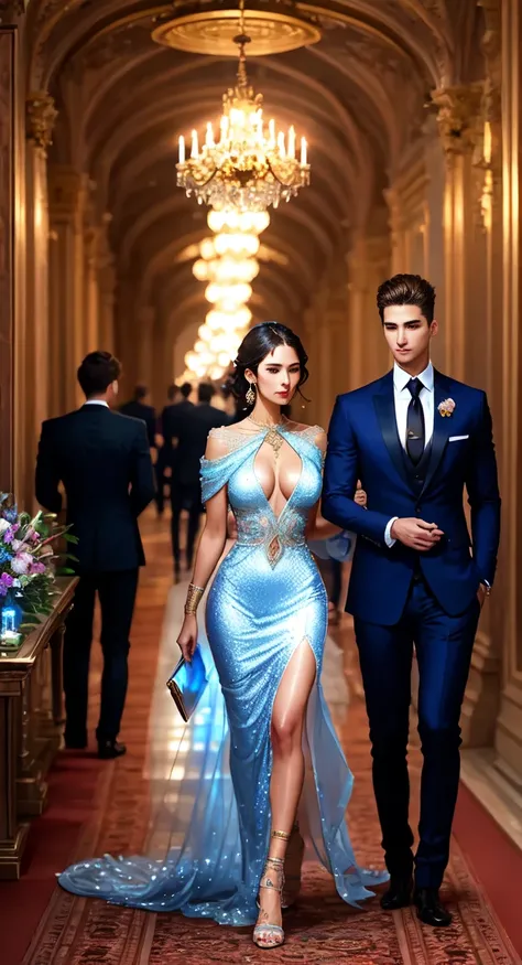 At the charity event, recreated in the style of photorealism, the hall is filled with a high society glamorous atmosphere. Elegant ladies in sumptuous outfits with plumes and diamonds glitter against the backdrop of an exquisite interior filled with flower...