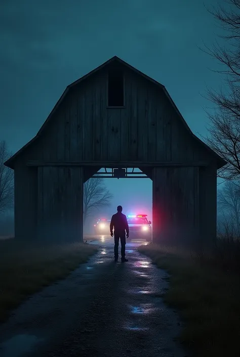 it&#39;s night. An abandoned wooden barn surrounded by police cars and uniformed officers walking around the area. You stand in isolation at the barn door. 