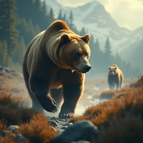 (brown bear), a movie role embarks on adventure across landscapes painted in shades, uncovering mysteries hidden beneath the surface. Beautiful cinematic lighting, surreal, color graded, dynamic movement, captivating chiaroscuro. Beautiful cinematic lighti...